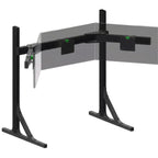 Freestanding black aluminum extrusion triple monitor stand fully assembled, featuring three green VESA mounts and translucent placeholder screens.