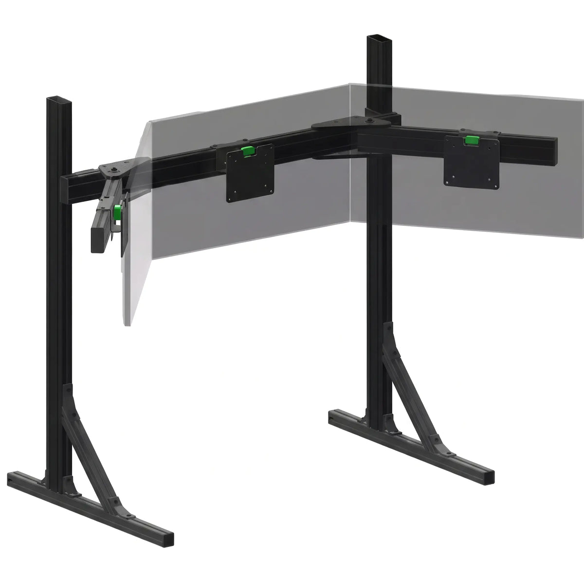 Freestanding black aluminum extrusion triple monitor stand fully assembled, featuring three green VESA mounts and translucent placeholder screens.
