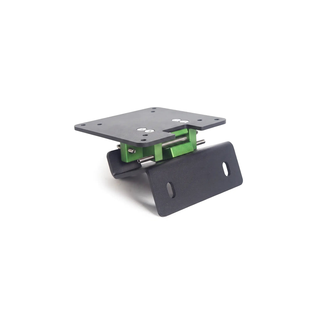 Black metal VESA monitor mount bracket with a green central adjustment mechanism, side angle view on a solid white background.